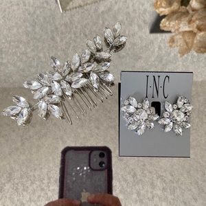 Wedding earrings and hair pin, crystal, silver